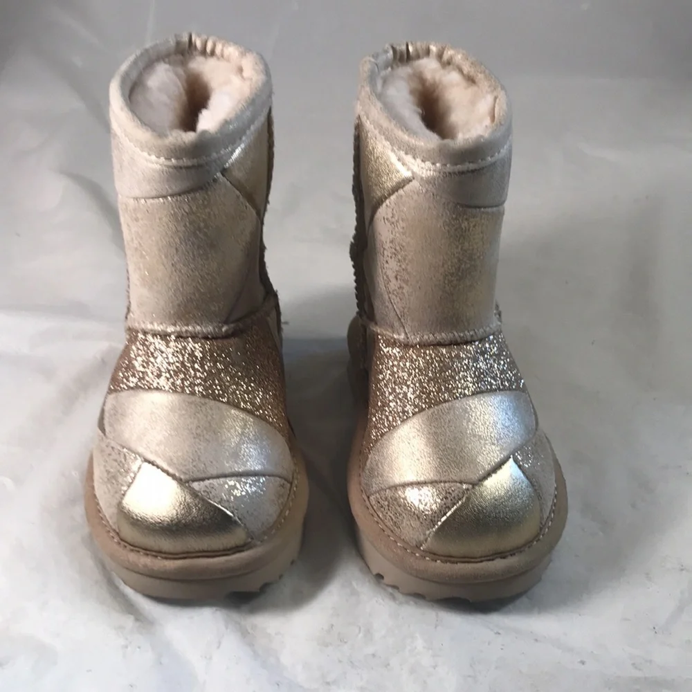 UGG Classic Short 2 Gold Patchwork Glitter Leather Shearling Lined Whimsy Boots